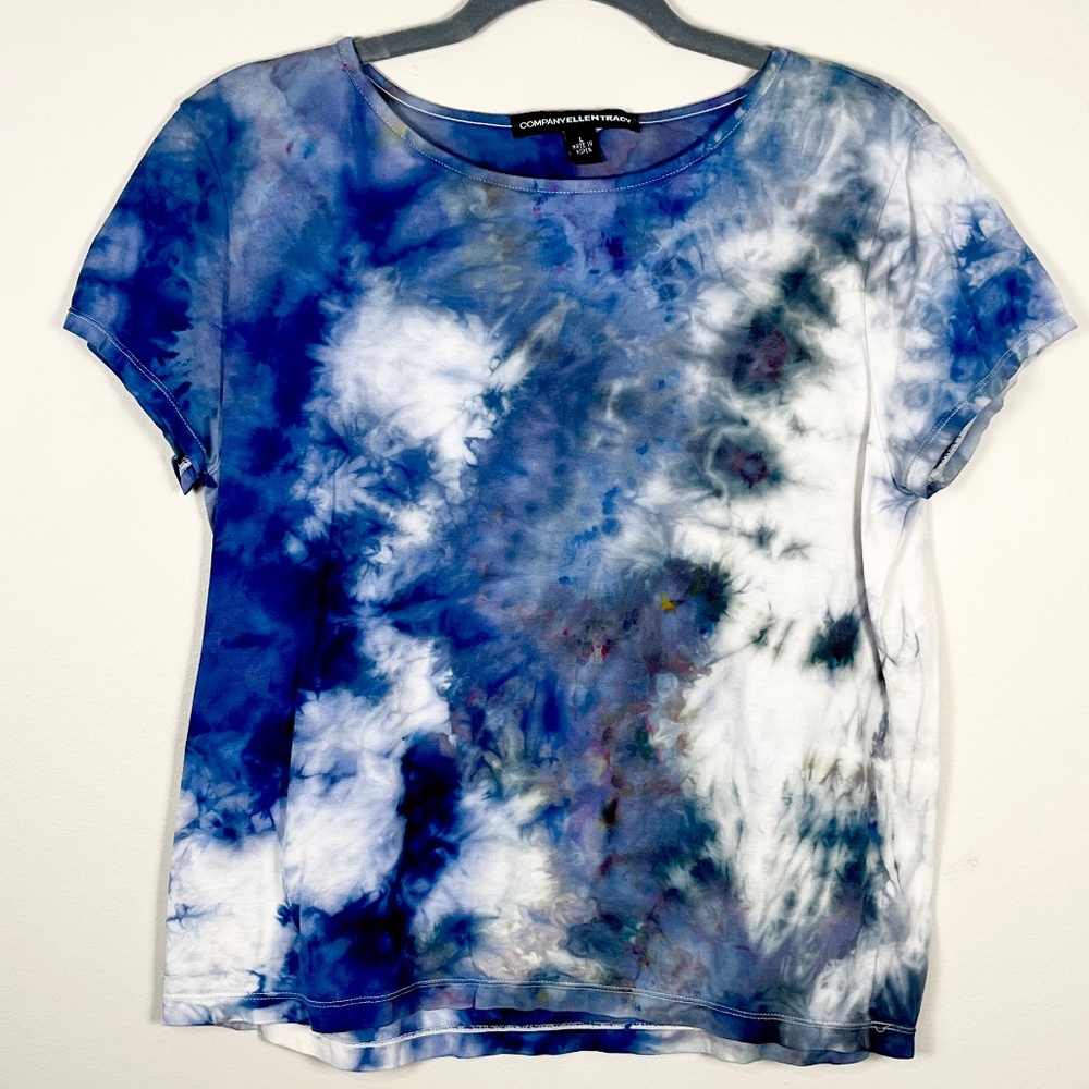 Ice dyed tie dyed upcycled gray and blue multicolor knit cotton top